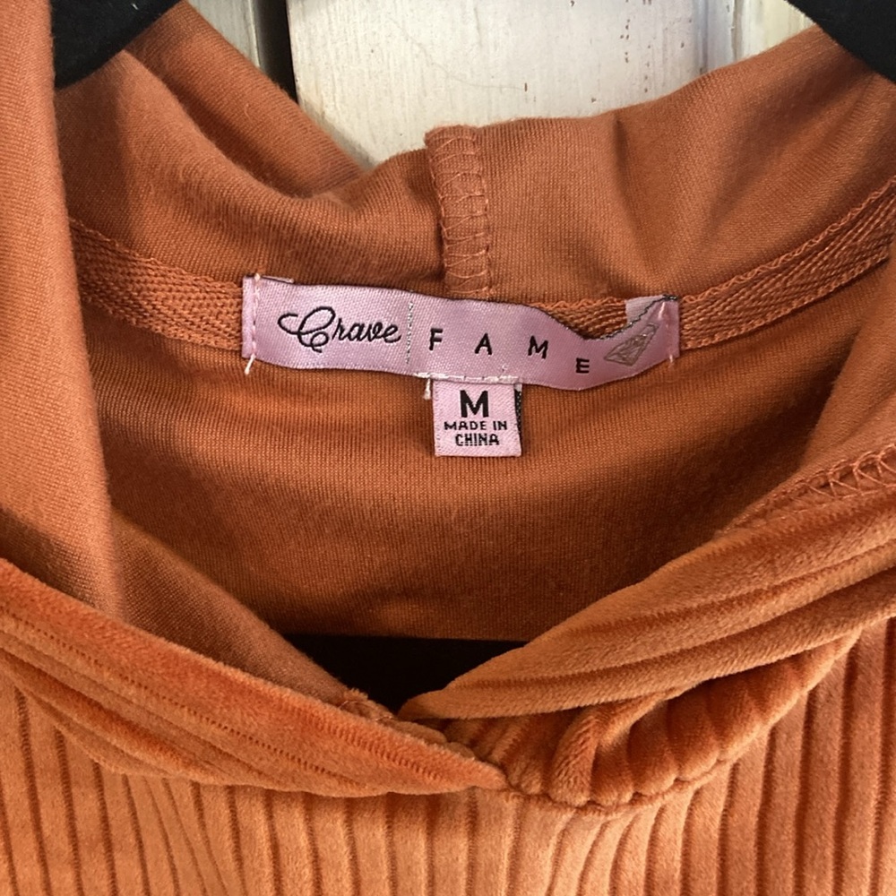 Crave Fame Cozy Ribbed Velvet Hoodie Rust Size Medium - Picture 3 of 6